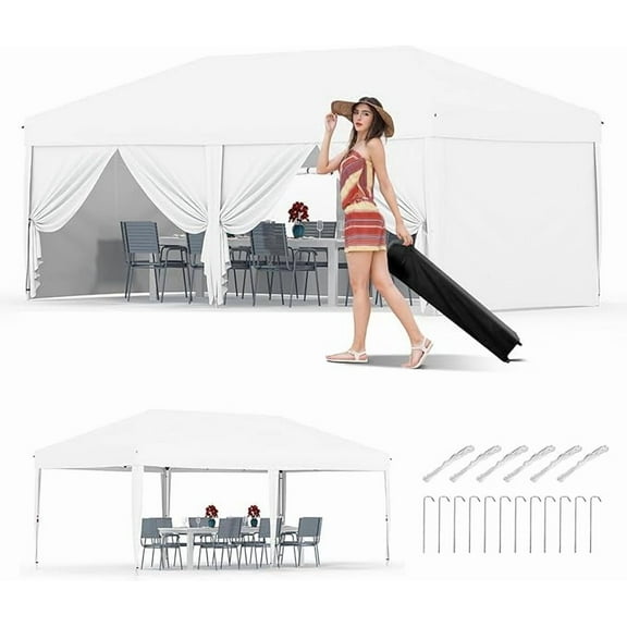 10x20 Pop Up Canopy Tent with 4 Sidewalls, Heavy Duty Outdoor Canopy UPF 50+ All Season Waterproof Commercial Street Vendors Party Tents with Roller Bag, 8 Stakes & 6 Sandbags,White
