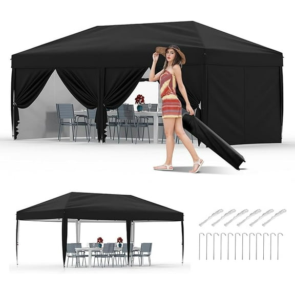 10x20 Pop Up Canopy Tent with 4 Sidewalls, Heavy Duty Outdoor Canopy UPF 50  All Season Waterproof Commercial Street Vendors Party Tents with Roller Bag, 8 Stakes & 6 Sandbags, Black