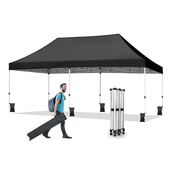 10x20 Pop Up Canopy Tent, Ez Pop Up Outdoor Canopy Instant Shade, Adjustable Waterproof Commercial Tent with Roller Bag, 8 Stakes, 6 Sand Bags Black