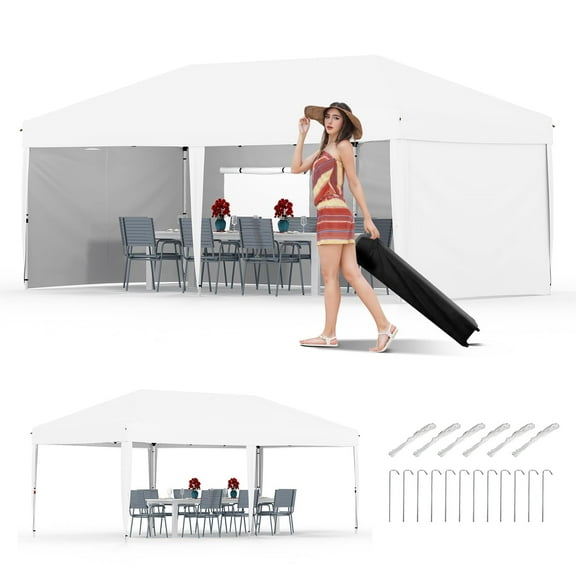 10x20 Pop Up Canopy Tent with 4 Sidewalls,Heavy Duty Outdoor Canopy with 3 Adjustable Height, Commercial Street Vendors Party Tents, White