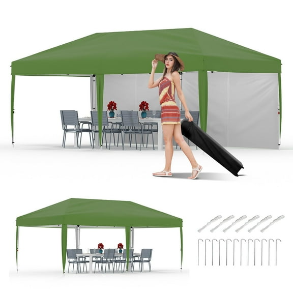 10x20 Pop Up Canopy with 2 Sidewalls - Heavy Duty Outdoor Canopy Tent with Portable Roller Bag, Green