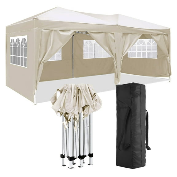 10x20' Pop Up Canopy with Sidewalls, Outdoor Event Shelter, UPF 50+ Gazebo for Parties, Beach, Camping, Wedding - Beige