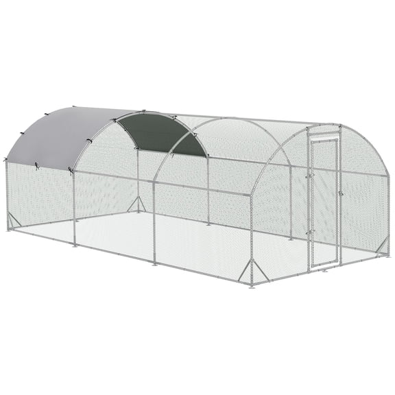 10x20 Walk-In Chicken Coop with Run, Outdoor Metal Poultry Cage with Cover, Large Silver Chicken Pen for Backyard