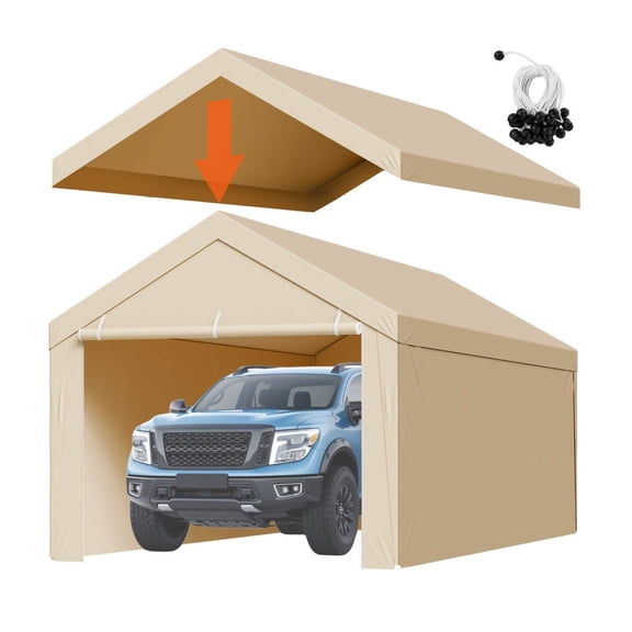10x20 ft Carport Canopy Replacement, Waterproof UV Protection Tent Top with Sidewalls, Heavy Duty Car Shelter Tarp, Beige - Frame Not Included