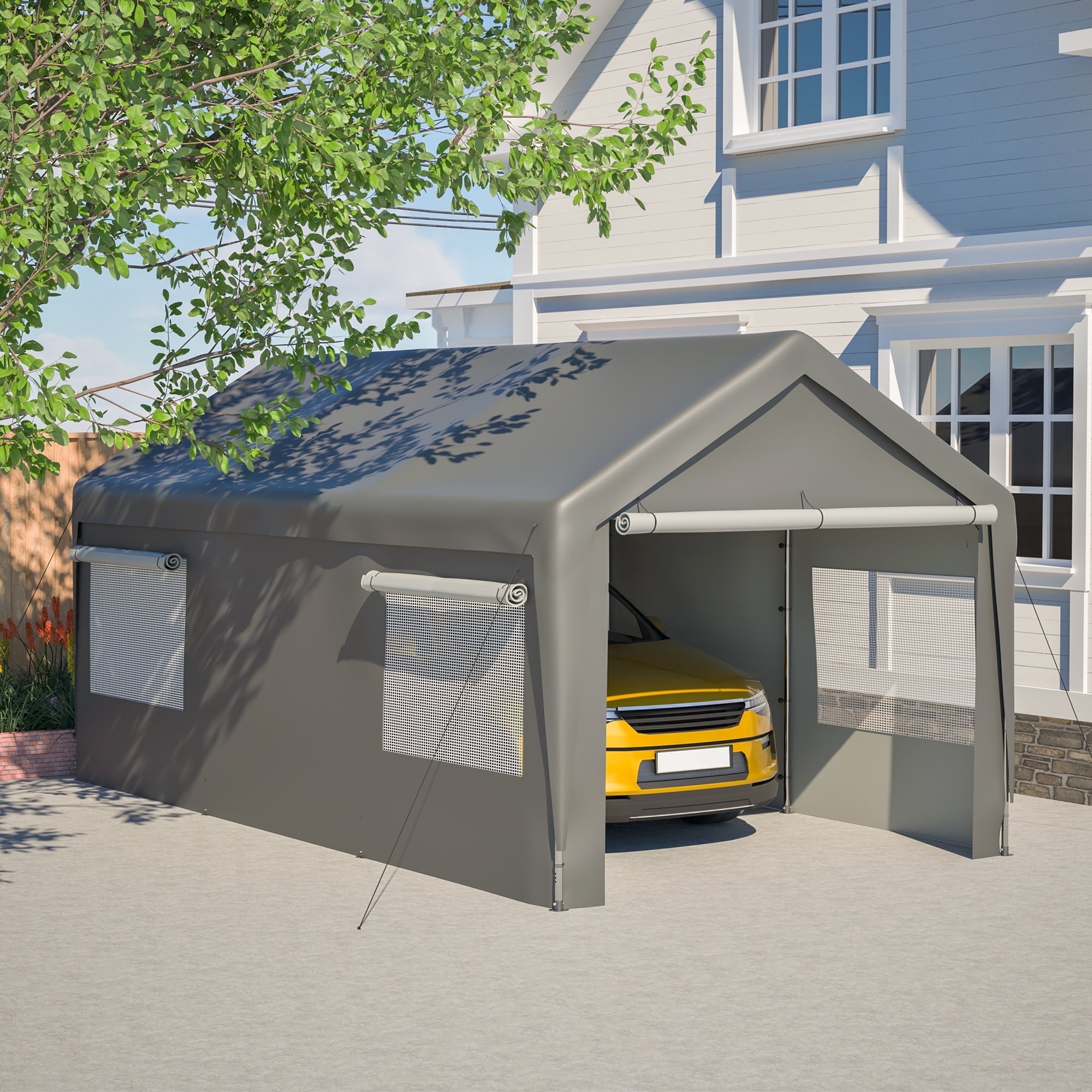 10x20 ft Heavy Duty Car Canopy with Roll-up Windows Sidewalls, Portable ...