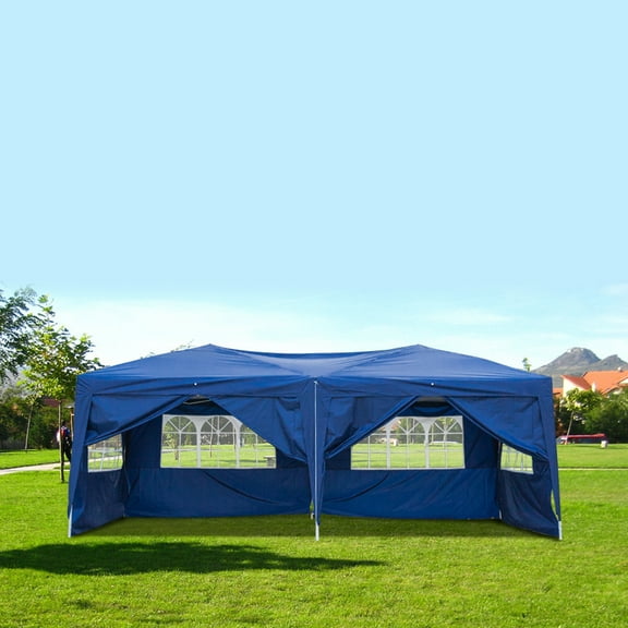 10x20 ft Outdoor Party Tent Beach Canopy, Folding Backyard Tent for Parties with 6 Sidewalls, 4 Windows, Heavy Duty Wedding Camping Tent with Carrying Bag, Anti-UV Screened Canopy Tents, Blue, Q10030