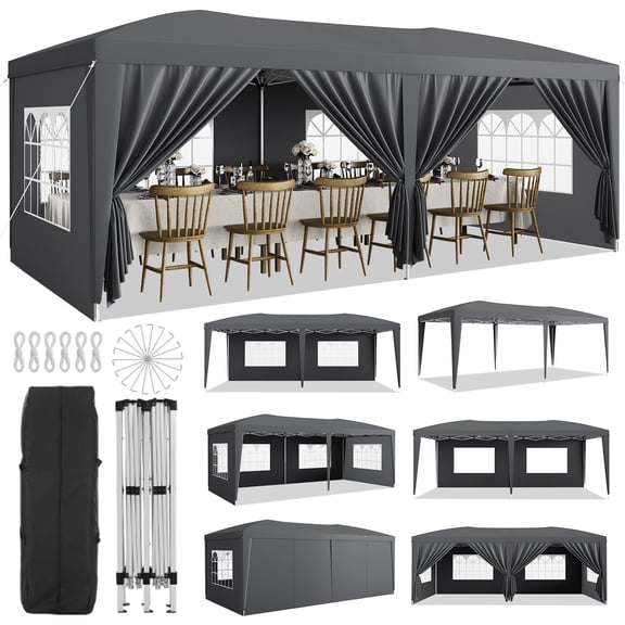 10x20 ft Pop Up Canopy Tent with 6 Removable Sidewalls,3 Adjustable Heights,Quick Setup,Heavy Duty Waterproof Outdoor Canopy with Stakes & Ropes for Events, Wedding, Market