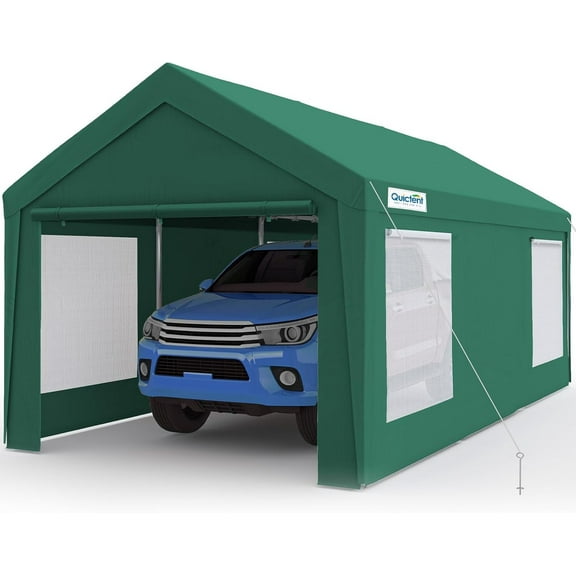 Quictent 10'x20' Heavy Duty Carport Galvanized Car Canopy Tent Outdoor Shelter Reinforced Structure with Roll-up Ventilated Windows Sidewall, Green