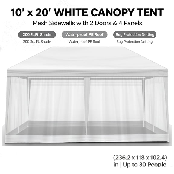10x20ft Canopy with Mesh Sidewalls 2 Doors, 4 Panels, White PE Roof & Powder-Coated Steel Frame(White )