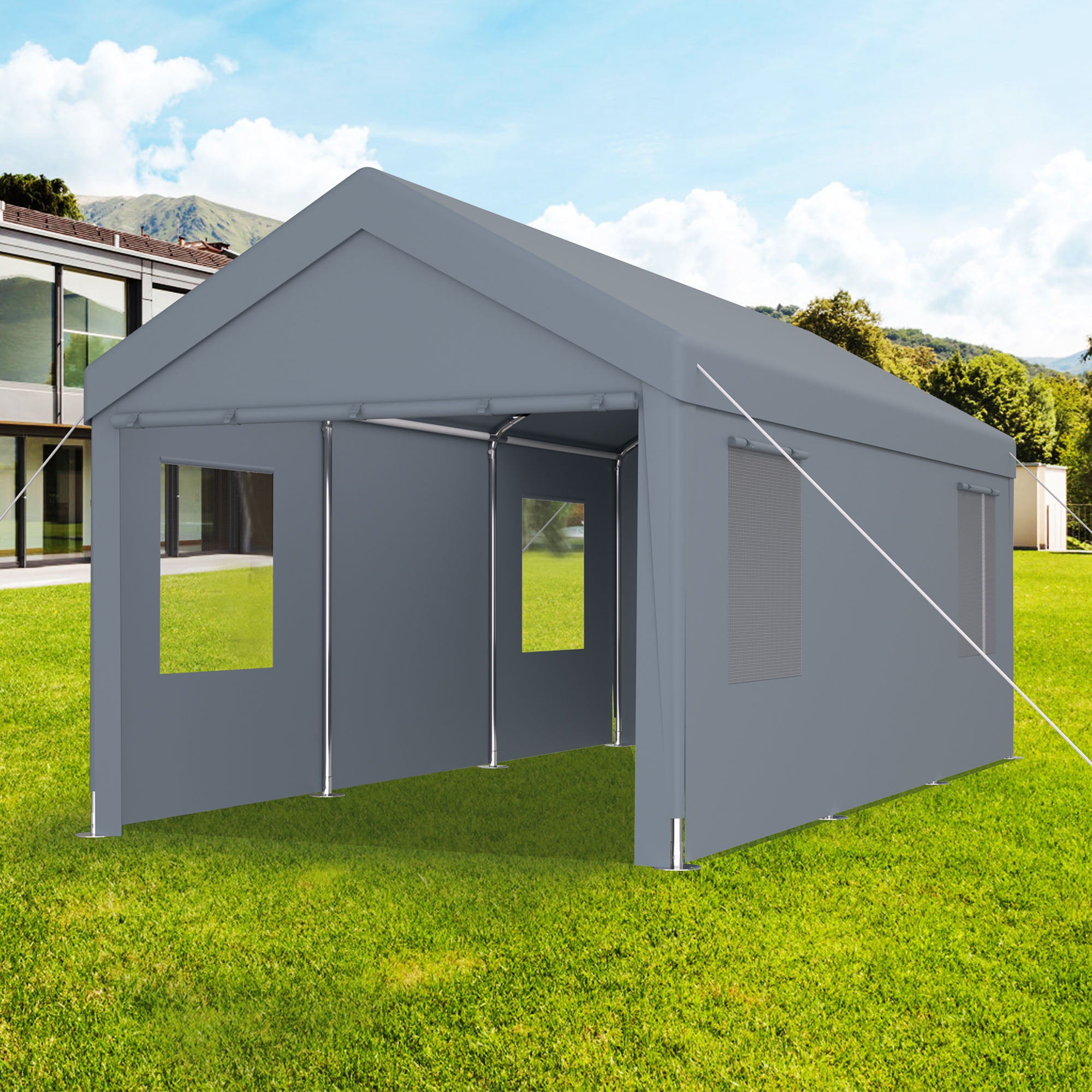 10' x 20' Gray Portable Garage Carport with Windows