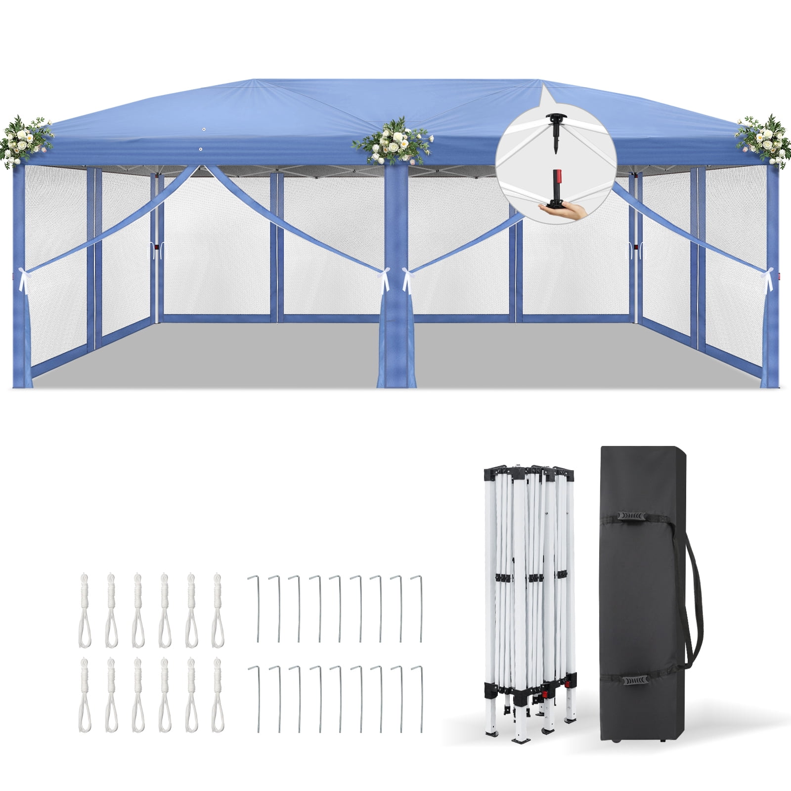 10x20ft Instant Pop Up Canopy Tent Blue, 6 Mesh Panels 2 Doors 4 Net Sides, Powder Coated Iron Frame 28/22mm Leg & 10×20mm Crossbar, 210D Oxford Folding Outdoor Shelter with Carry Bag No Sandbags