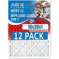 thumbnail image 1 of 10x20x1 Air Filter MERV 11 Rating, 12 Pack of Furnace Filters Comparable to MPR 1000, MPR 1200 & FPR 7 - Made in USA by AIRX FILTERS WICKED CLEAN AIR., 1 of 5