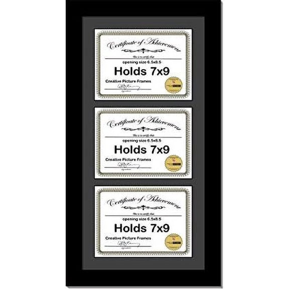 [10x24bk-b] Black Vertical 7x9 Triple Diploma Frame with 3 Opening Black Matting | Holds 3 7x9 inch Documents with installed Wall Hanger$$Home Decor, Kitchen, & Other