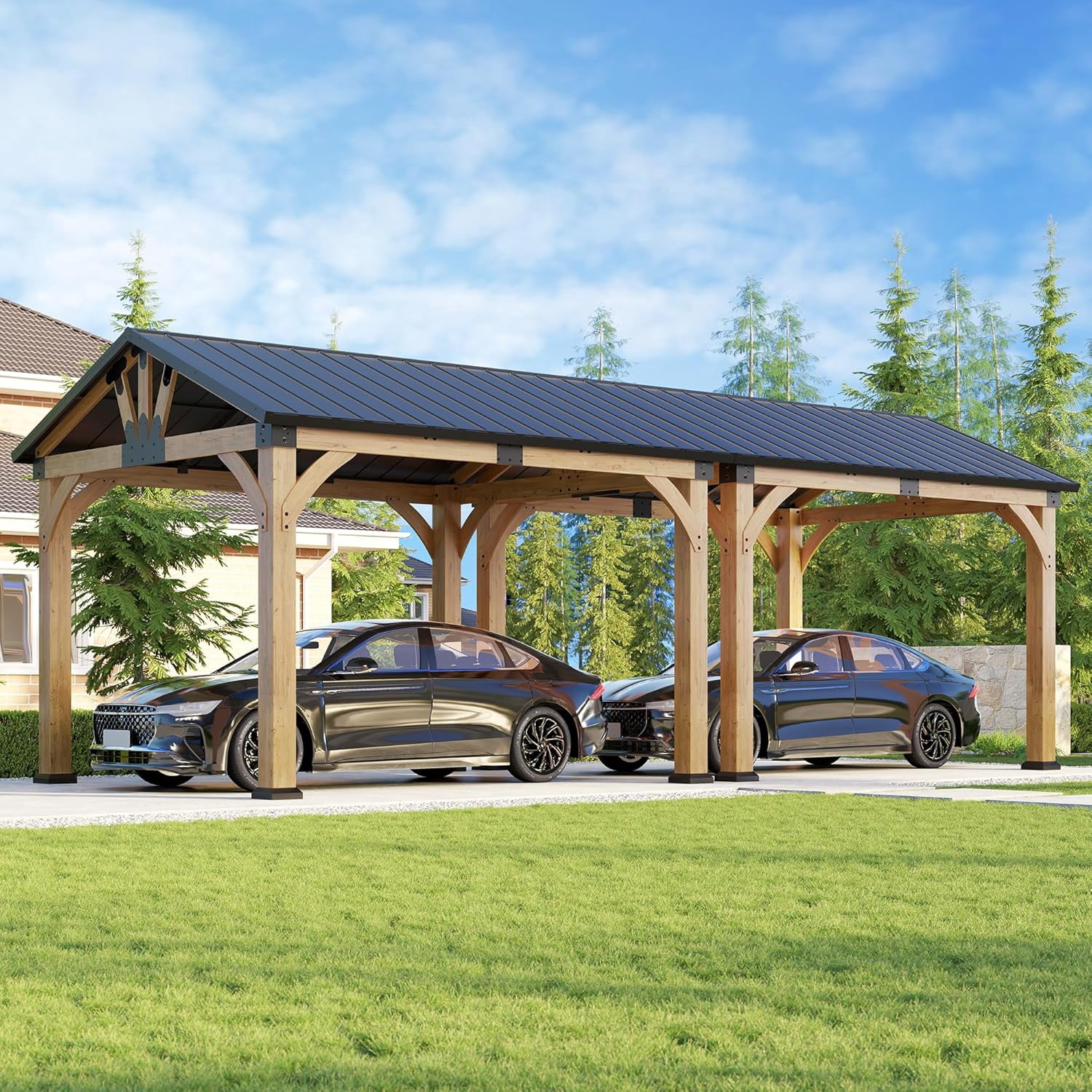 10x24x9 FT Cedar Wood Carport with Steel Roof, Carport Canopy Heavy-Duty, Portable Garage with Snow & Wind Resistant for Patio, Driveway, Garden