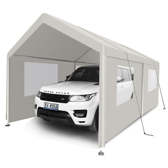 10x30 FT Heavy-Duty Portable Carport Garage Tent with Windows - Ideal Outdoor Storage Shelter in White. Perfect for Protecting Vehicles and Equipment from the Elements!