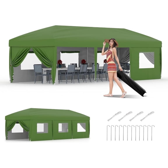 10x30 Pop Up Canopy with 8 Sidewalls - Heavy Duty Outdoor Canopy Tent with Portable Roller Bag - 3 Adjustable Height, 8 Weight Bags, 8 Stakes & 6 Guy Ropes Included for Camping, Parties