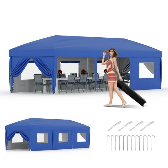 10x30 Pop Up Canopy with 8 Sidewalls - Heavy Duty Outdoor Canopy Tent with Portable Roller Bag - Blue