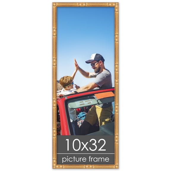 10x32 Gold Thin Bamboo Picture Frame - UV Acrylic, Foam Board Backing, Hanging Hardware