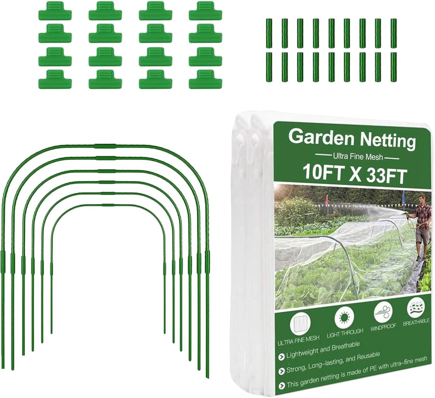 10x33ft Garden Mesh Netting Kit with Hoops and Clips, Ultra Fine Vegetable Protect Net for Raised Beds, Bird & Pest Screen for Fruit & Flowers (k)