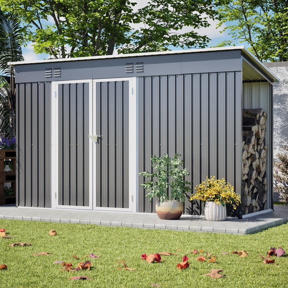 10x4 FT Metal Outdoor Storage Garden Tool Shed with Double Door & Side Firewood Storage, 71.25" Tall with Floor Frame for Backyard Patio Garden, Gray
