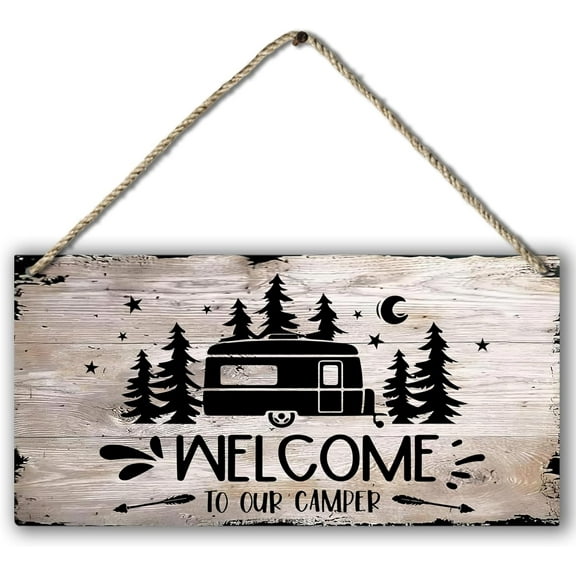 10x5 inch wood plaque - Welcome to Our Camper Farmhouse Printed Wood Plaque Sign Wall Hanging,Rustic Hanging Wall Signs for Travel Trailer Campsite Decor, Funny RV Camping Signs, Campers Camping