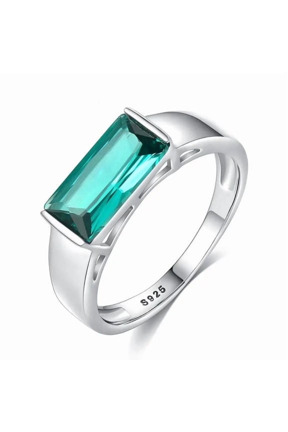 10x5mm Baguette Cut Lab-Created Emerald Bar Set Ring in 925 Sterling Silver - Elegant Jewelry for Women