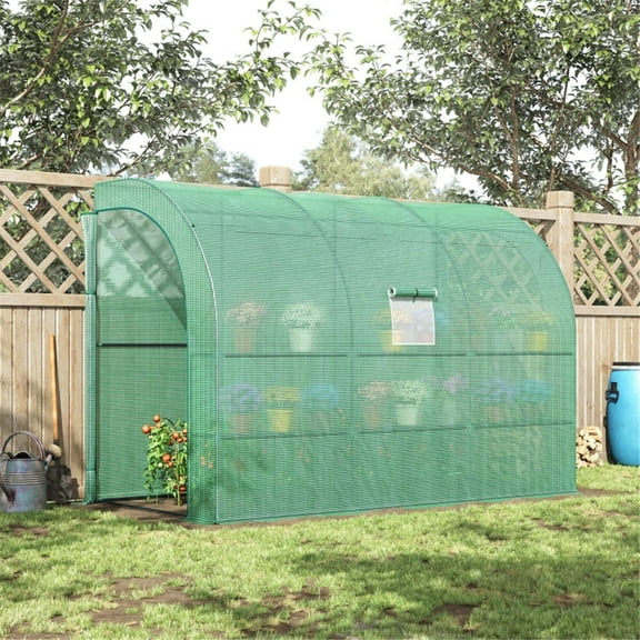 10x5x7ft Greenhouse, Lean to Greenhouse, Walk-in House Plant Nursery with 2 Roll-up Doors and Windows, PE Cover and 3 Wire Shelves, Portable Waterproof Green Houses Tent for Outside Heavy Duty(Green)