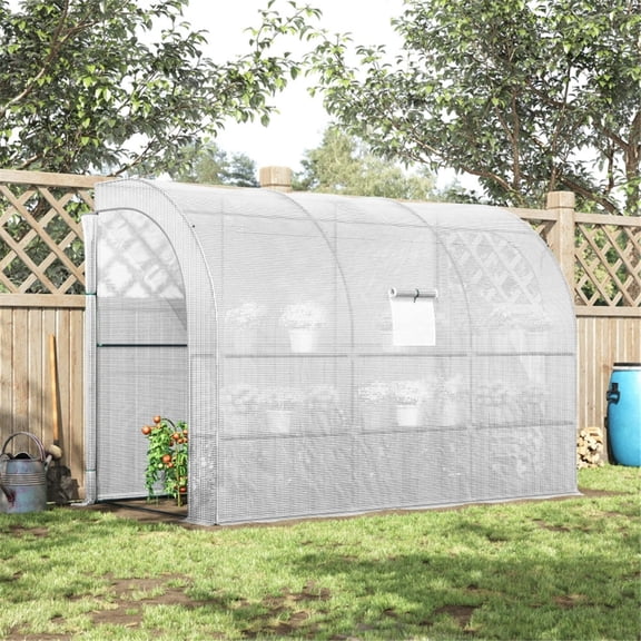 10x5x7ft Greenhouse, Lean to Greenhouse, Walk-in House Plant Nursery with 2 Roll-up Doors and Windows, PE Cover and 3 Wire Shelves, Portable Waterproof Green Houses Tent for Outside Heavy Duty(White)