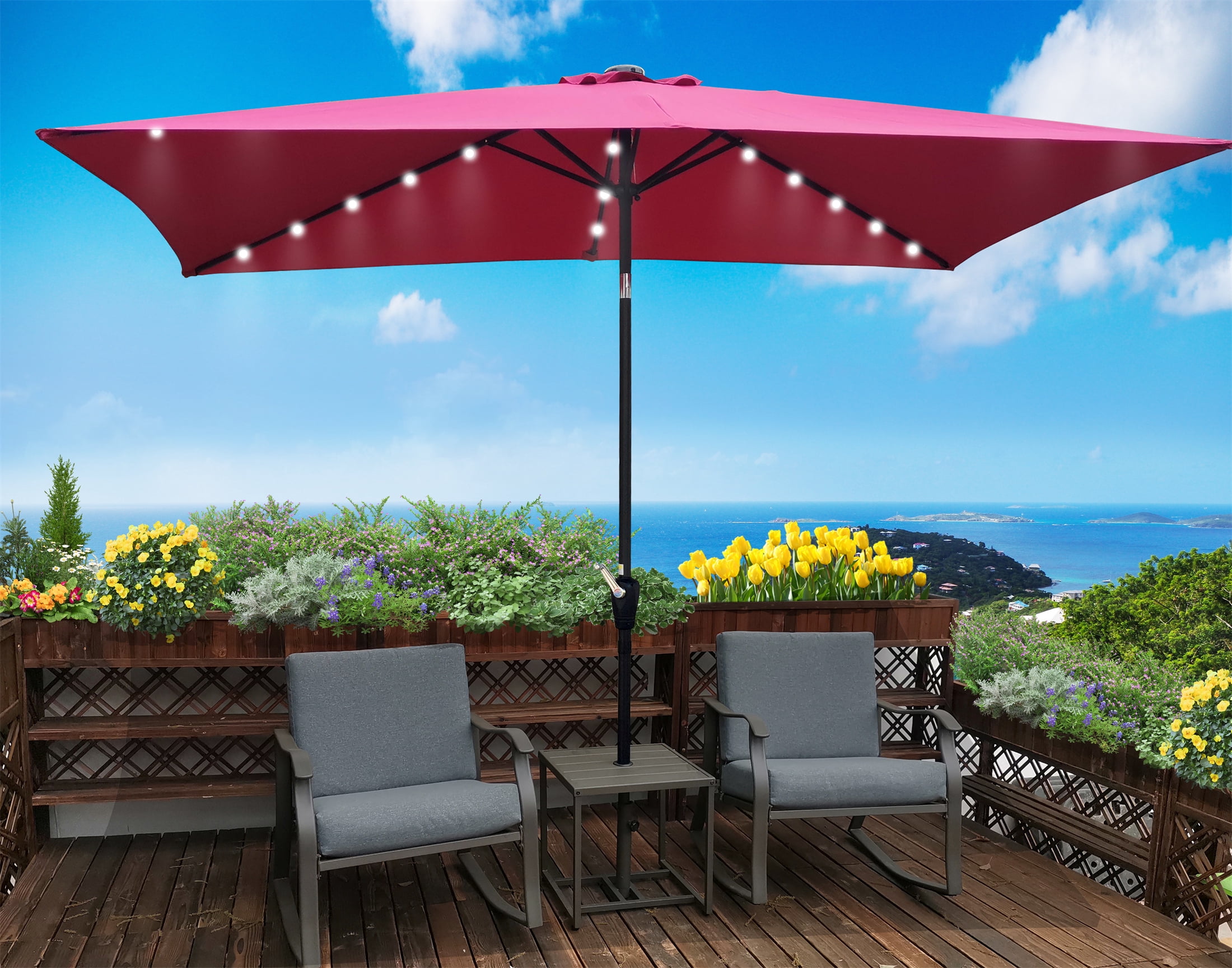 10x6.5 FT Rectangular Patio Umbrella, Solar LED Waterproof Outdoor Sun Shade Canopy with Tilt Function, Burgundy