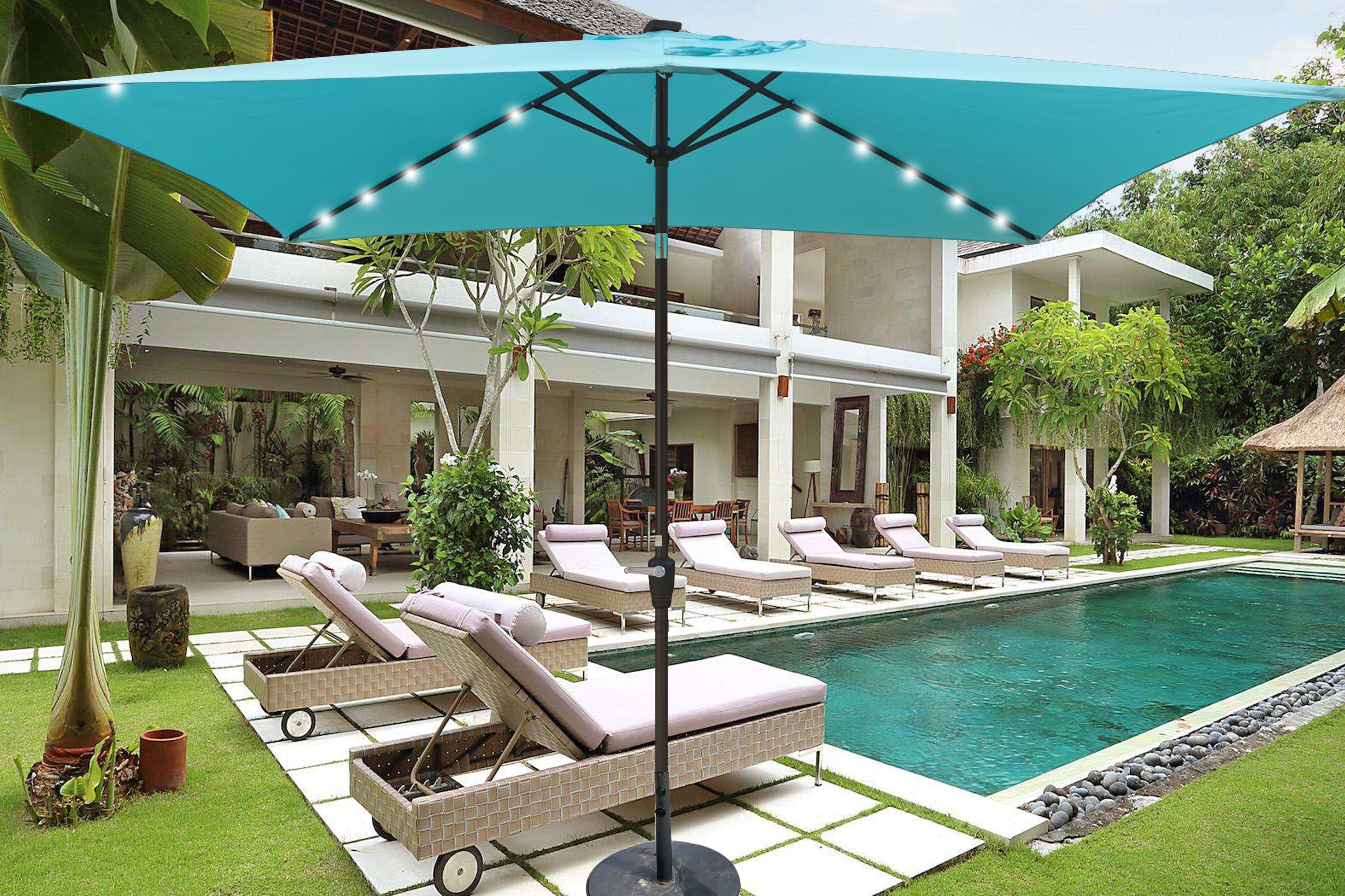 10x6.5 FT Rectangular Patio Umbrella, Solar LED Waterproof Outdoor Sun Shade Canopy with Tilt Function, Turquoise