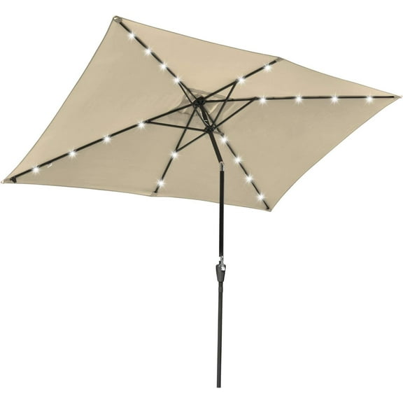 10x6.5 ft Outdoor Rectangle Solar Powered LED Patio Umbrella with Crank Tilt for Garden Backyard Table Market Pool, Beige