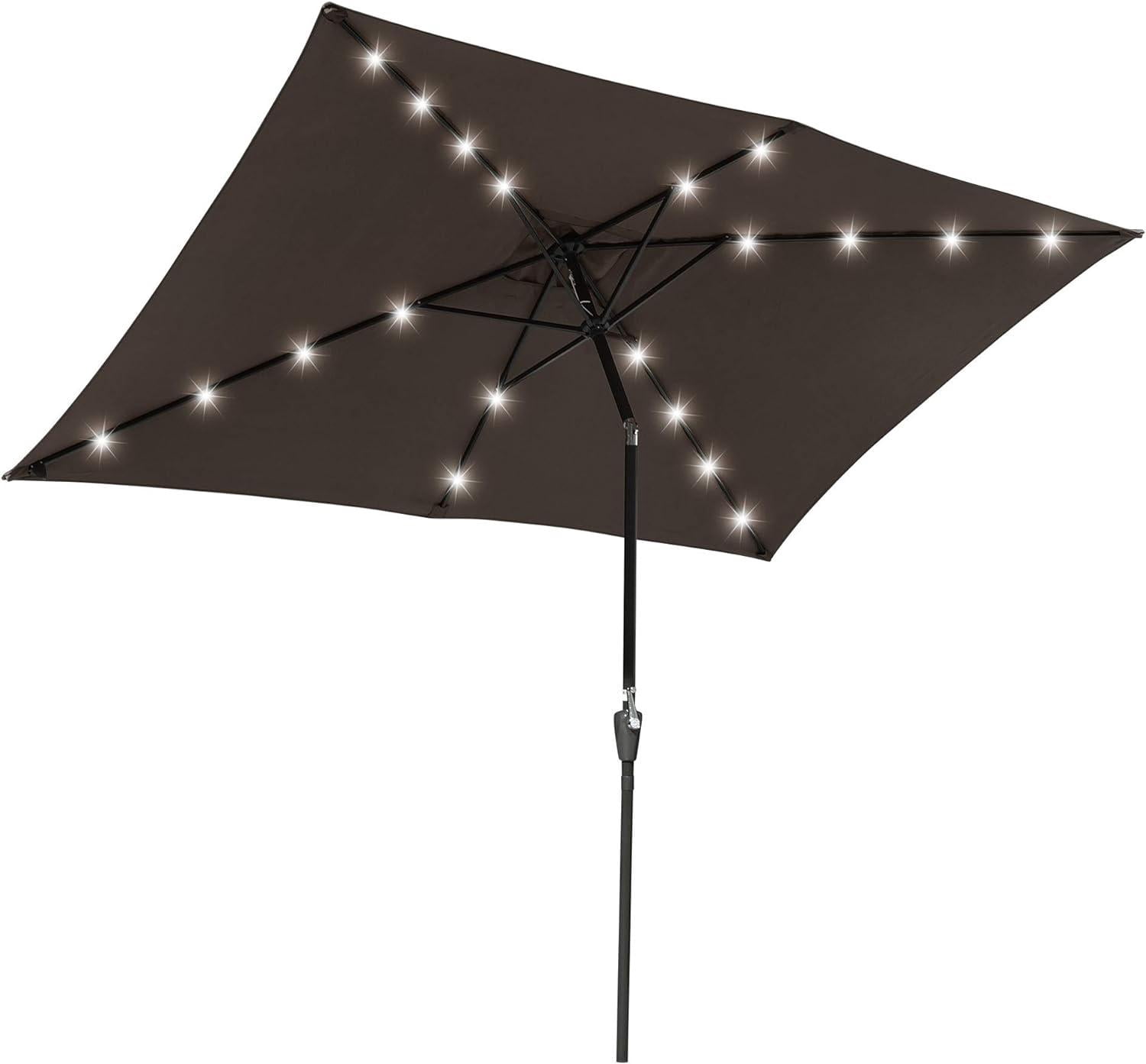 10x6.5 ft Outdoor Rectangle Solar Powered LED Patio Umbrella with Crank Tilt for Garden Backyard Table Market Pool, Brown