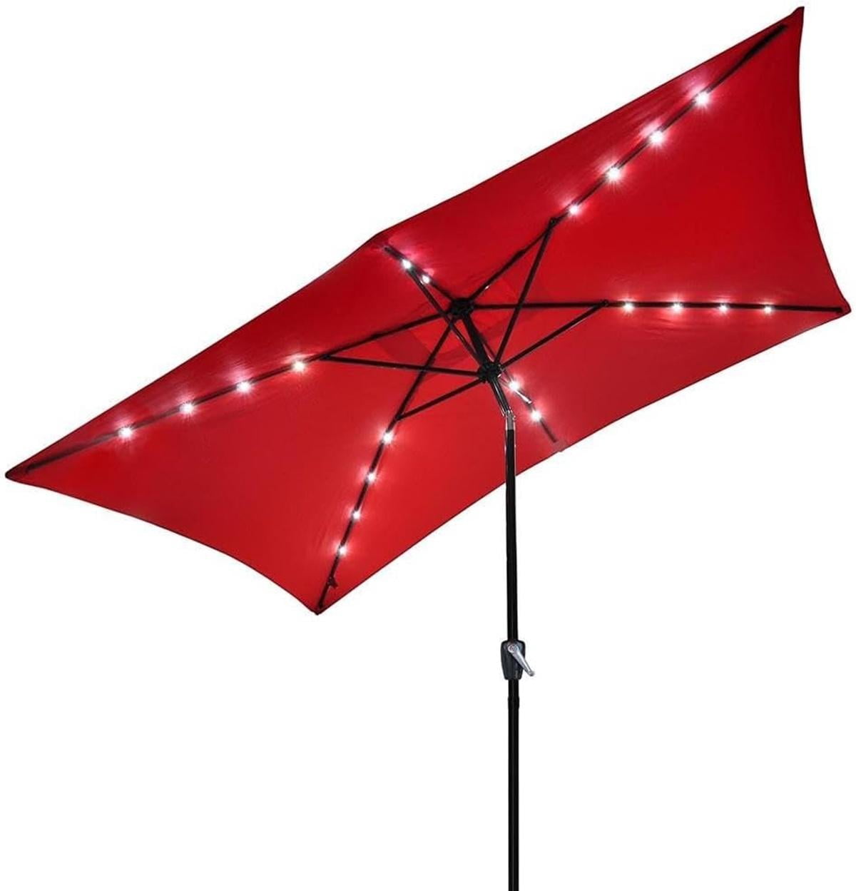 10x6.5 ft Outdoor Rectangle Solar Powered LED Patio Umbrella with Crank Tilt for Garden Backyard Table Market Pool, Red