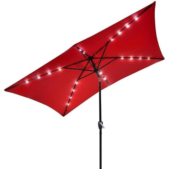 10x6.5 ft Outdoor Rectangle Solar Powered LED Patio Umbrella with Crank Tilt for Garden Backyard Table Market Pool, Red