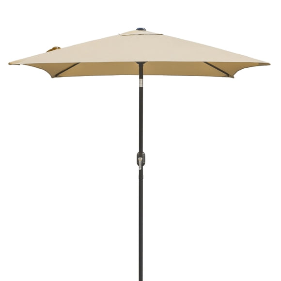 Kool 6.5 ft Square Outdoor Patio Market Umbrella with Push Button Tilt and Crank Handle, Tan