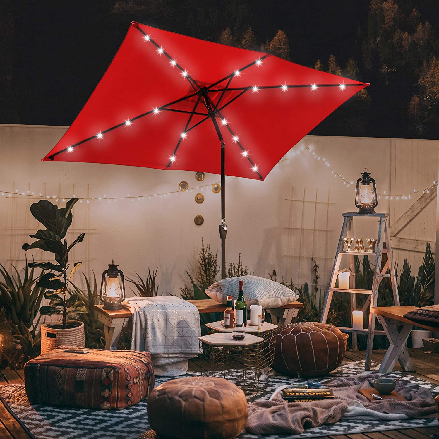 10x6.5ft Rectangle Outdoor Patio Beach Market Aluminium Umbrella Sun Shade Solar Powered Led