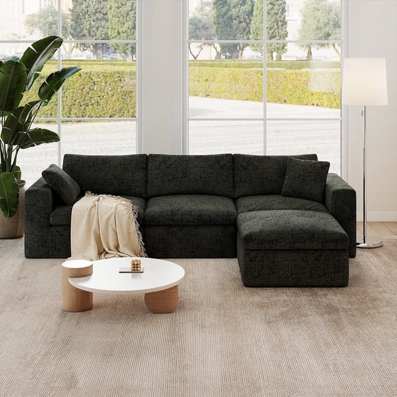 10x6 Feet Boneless Sectional Couch, Convertible L-Shaped Cloud Sofa, 3 Seater Modular Memory Foam Couch for Medium Room (Black, Right Facing Chaise)