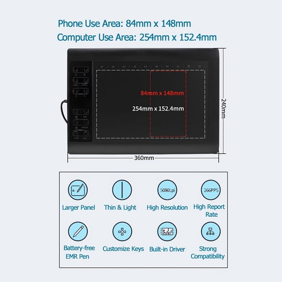 10x6 Inch Graphics Drawing Tablet with 8192 Pressure Sensitivity, Tilt Support, 12 Express Keys, and Battery-Free Stylus for Windows and Android