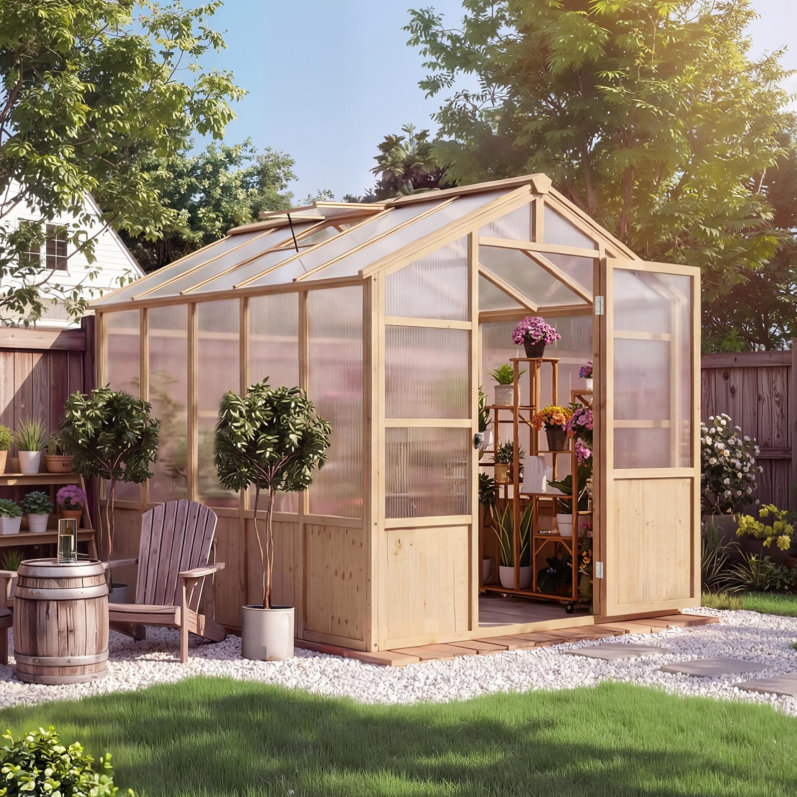 10x6ft Large Wooden Walk-in Greenhouse Kit for Outdoors, Heavy Duty Fir Wood Frame with Polycarbonate Panels & Ventilated Window for Patio Garden Backyard