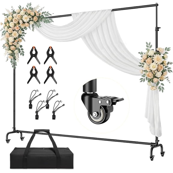 10x7.7FT Heavy Duty Rolling Backdrop Stand, Adjustable Photo Background Banner Stand with Wheels, Portable Support Kit for Wedding, Studio Photography, Party & Event Decoration