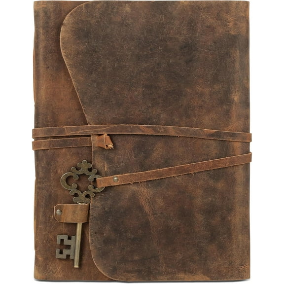 10x7 Inch Leather Journal with Key Lock  Handmade Buffalo Leather Cover & Deckle Edge Paper  Vintage Travel Notebook for Writing, Sketching, Gift for Men & Women (Brown)