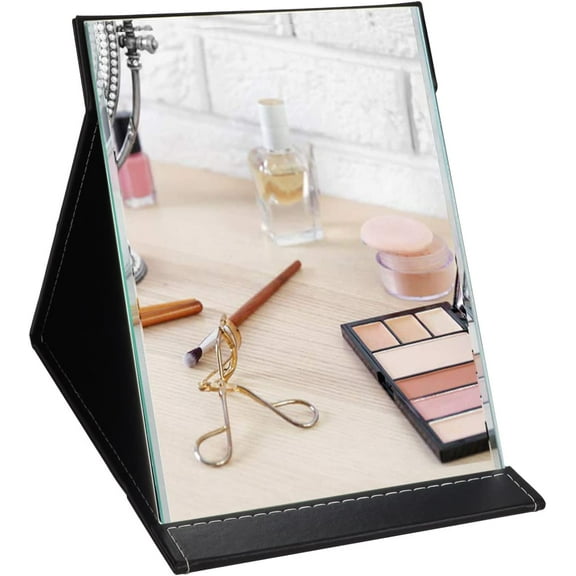 10x7 Inches Portable Folding Makeup Mirror, Frameless PU Leather Desk Mirror with Stand for Camping Travel Tabletop Personal, Blue