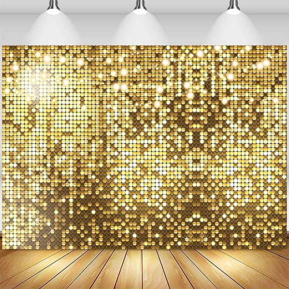 10x7FT Gold Flash Photography Backdrop Happy Birthday Golden Square Metal Shimmer Wall Photography Background Women Men Birthday Banner Festive Holiday Party Decorations Photo Booth Props