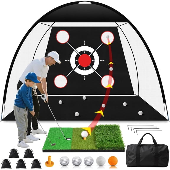 10x7FT Golf Net with Tri-Turf Mat Ball Target Bag All-in-One Backyard Driving Chipping Swing Practice Indoor Outdoor Training Aid Gift for Men Dad Golfer
