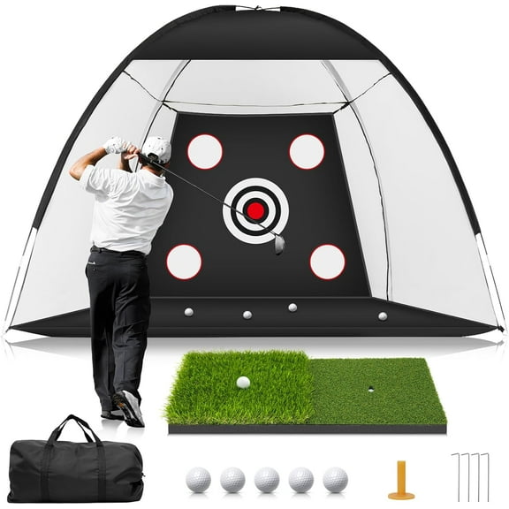 10x7ft Golf Practice Hitting Net with Dual-Turf Mat & Multi Targets, All-in-One Driving Chipping Training Net for Indoor Backyard