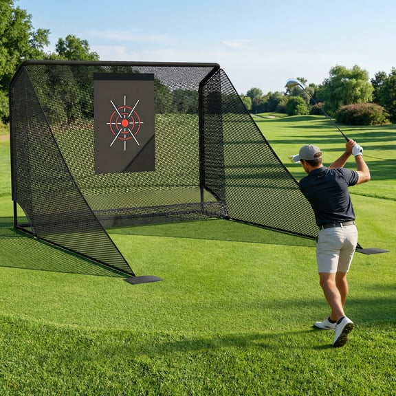 10x7ft Golf Practice Net with Auto Ball Return - Portable Hitting Enclosure with Side Barriers & Carry Bag, Indoor/Outdoor Training Aid for Backyard, Garage, Driving Range