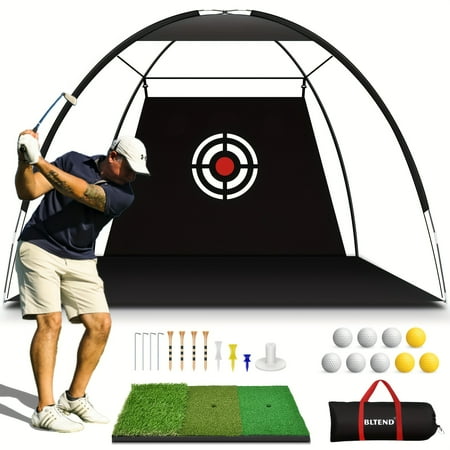 10x7ft Golf Practice Net with Tri-Turf Mat - Heavy-Duty Backyard Driving & Indoor Hitting Aid, Swing Training System with Target, Balls, Tee, Bag - Portable Golf Net for Men & Facility Use