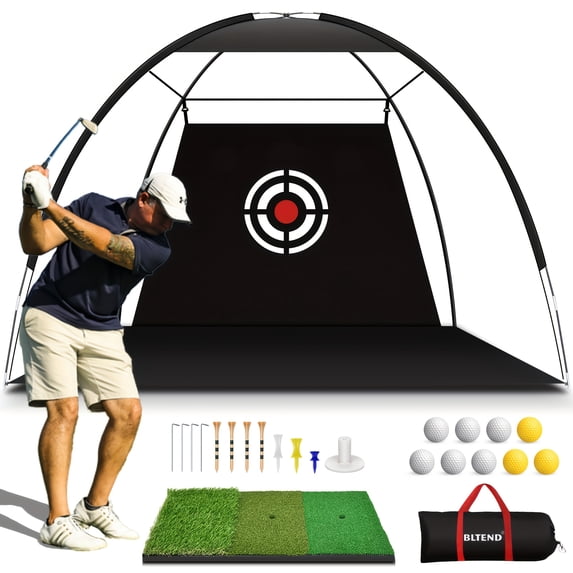 10x7ft Golf Practice Net with Tri-Turf Mat - Heavy-Duty Backyard Driving & Indoor Hitting Aid, Swing Training System with Target, Balls, Tee, Bag - Portable Golf Net for Men & Facility Use