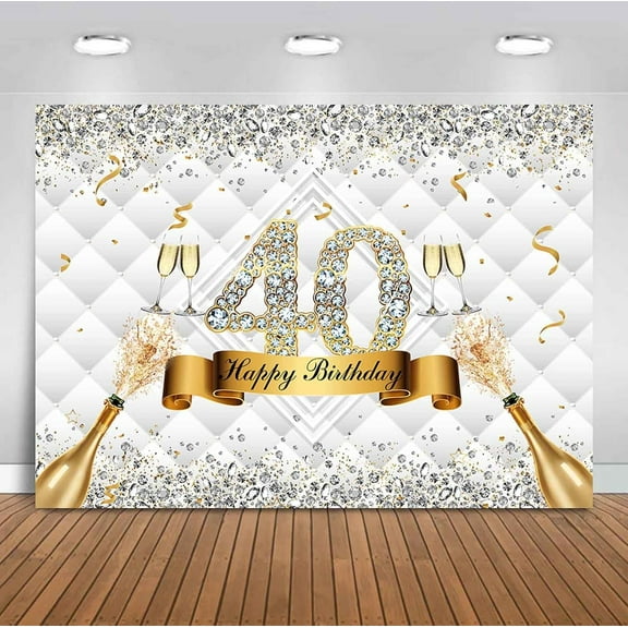 10x7ft Happy 40th Birthday Backdrop for Women Men White Gold Champagne Headboard Forty Bday Photography Background Glitter Diamond Fabulous 40th Birthday Decorations Banner Party Supplies 7x5ft