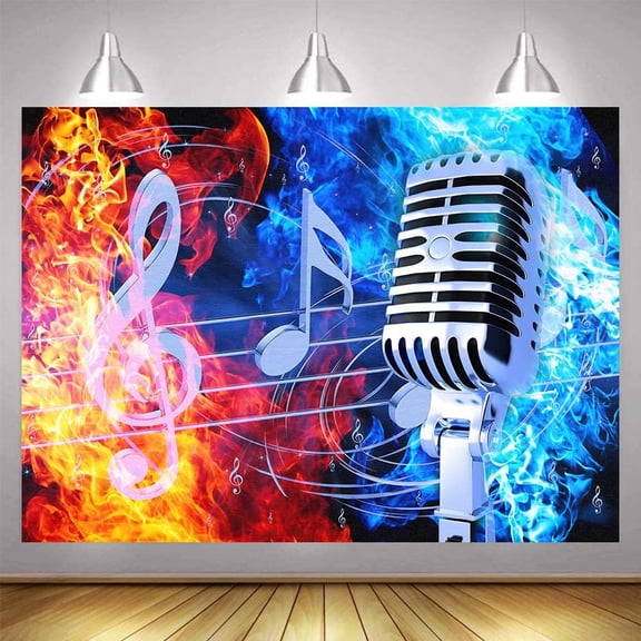 10x7ft Ice Fire Microphone Backdrop Dream Rock Music Symbol Photography Background Rap Concert Party Fire Blue Water Red Flame Musical Notes Birthday Photoshoot Vinyl Supplies BJRLEM1022